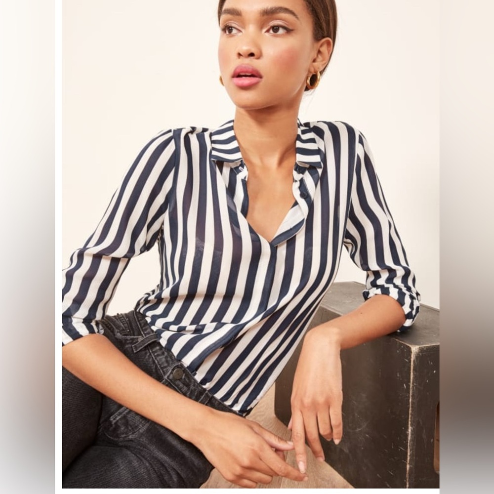 Reformation Violet Top in Tangiers (blue/white stripe), size M